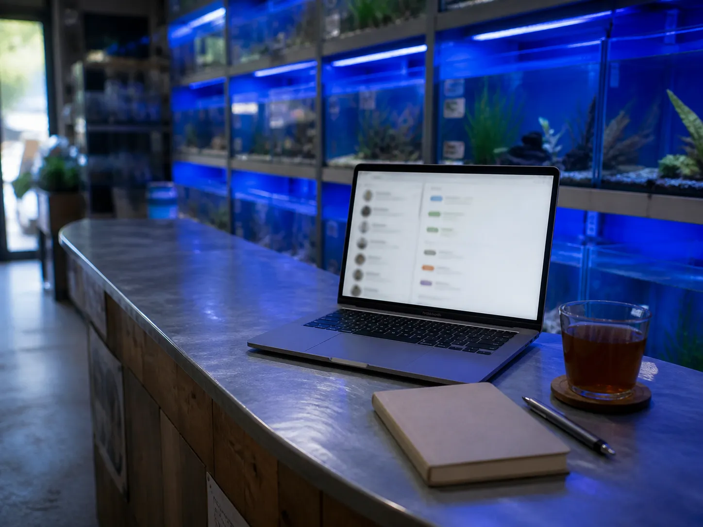 A laptop at the end of the counter in front of the aquarium wall.