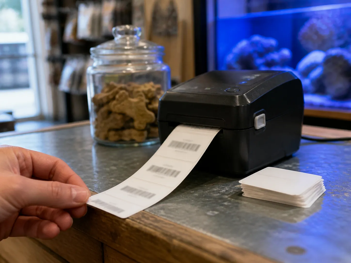A label printer on the counter with a barcoded strip running out of it.
