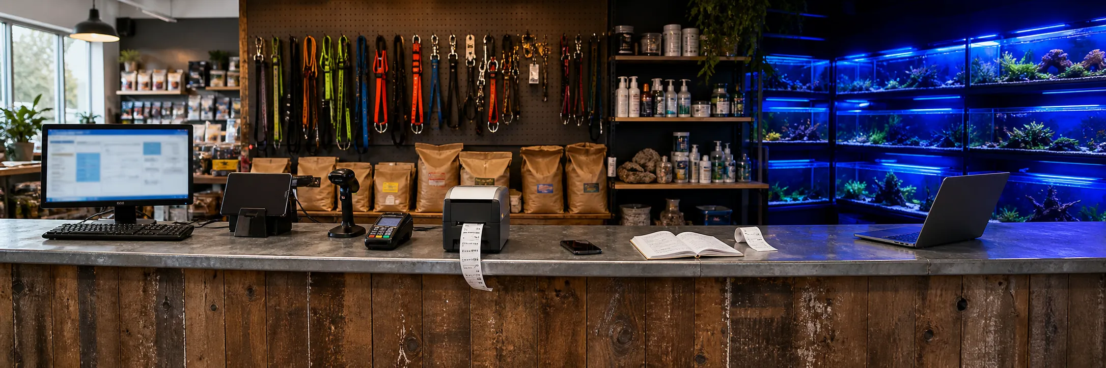 A petshop counter end to end: monitor, tablet, label printer, phone and paper credit notebook, laptop at the far end.